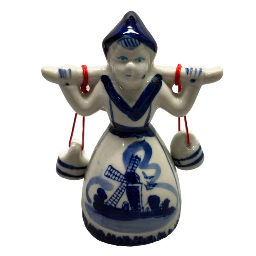 Vintage Dutch Milkmaid Blue and White Ceramic Figurine Windmill Scene 3.5 Inch